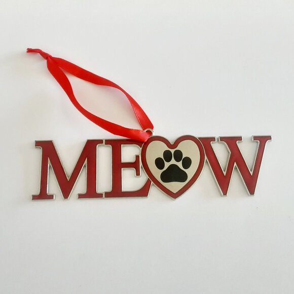 "MEOW" Cat Christmas Metal Ornament. Paw In Heart Design - Picture 1 of 3
